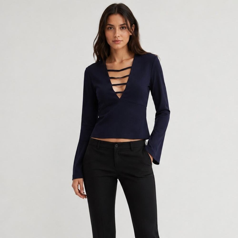 INTERMIX Bell Sleeve V-neck Bouse Navy Blue Size Small